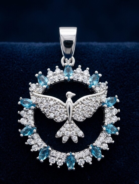 Jewelry - Blue Topaz DOVE Sterling Silver Pendant 1.25" NEW
